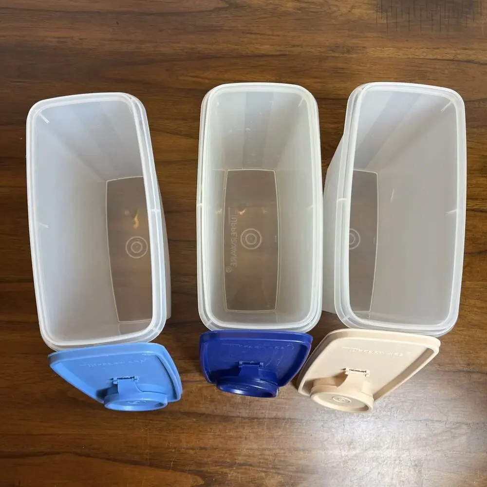 Three 12 Cup Vintage Tupperware Cereal Containers Blue & Cream Kitchen Organizer